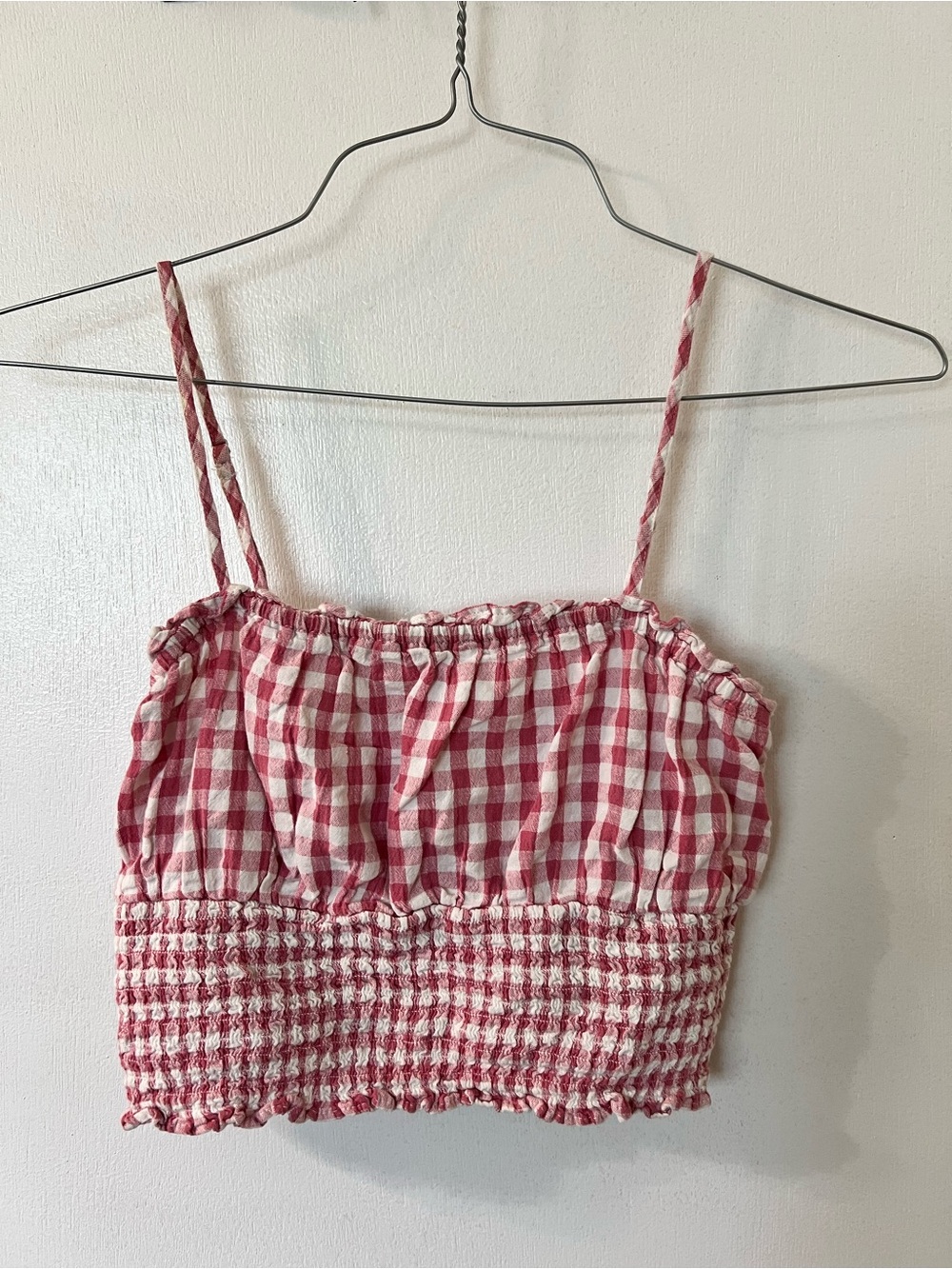 American Eagle Outfitters Red and White Gingham Smocked Crop Cami